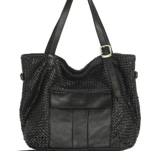 Duża torebka pleciona na ramię shopperka skórzana - MARCO MAZZINI czarna