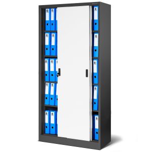 Biurowa szafa metalowa z drzwiami przesuwnymi KUBA, 900 x 1850 x 400 mm, antracytowo-biała