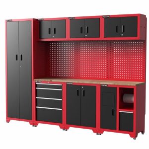 Feistos Wyposażenie warsztatu Szafka narzędziowa Juno 3 łącznie z perforowaną ścianą Czarny/Czerwony 264 x 46 x 198 cm