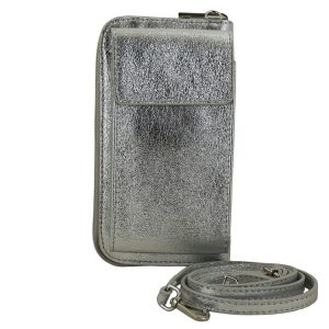 Portfel / etui na telefon ze skóry metalizowanej - Srebrny