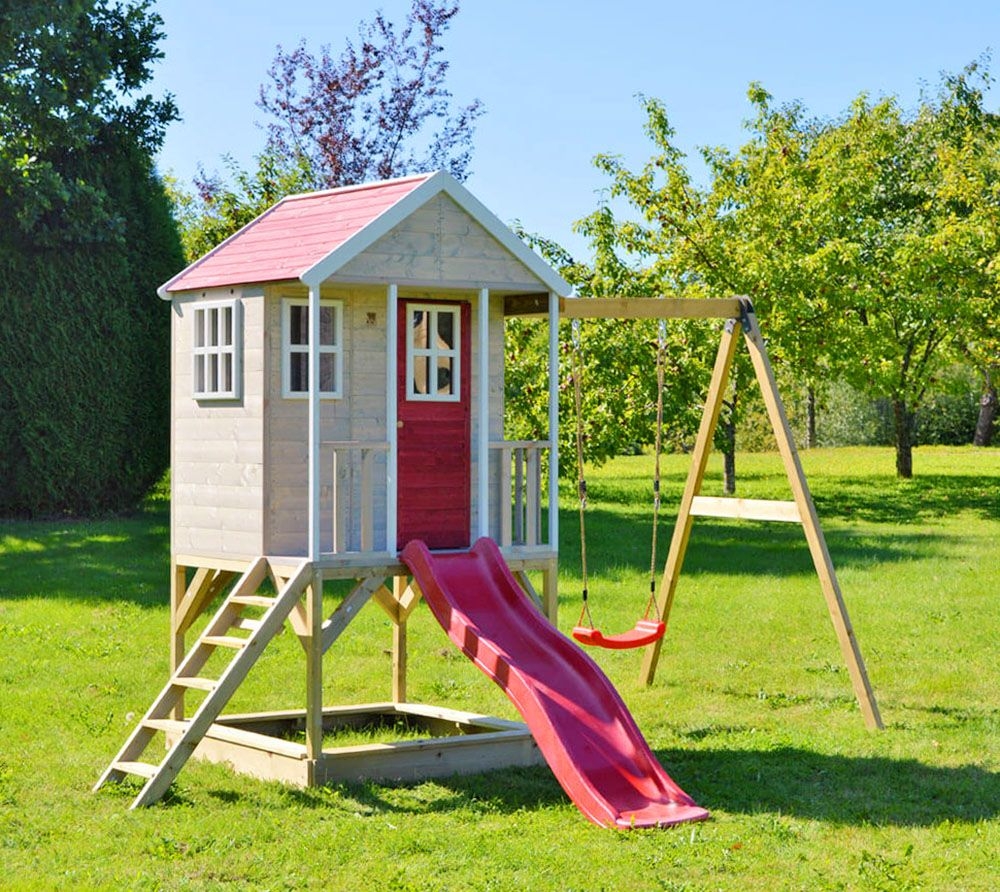 Wendy Toys Drewniany domek na palach alpaka | z czerwoną zjeżdżalnią, huśtawką i piaskownicą Natura 290x350x242cm