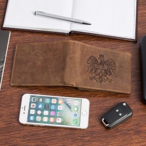Portfel skórzany męski brązowy nubuk poziomy skóra Godło Polski Orzeł RFiD Beltimore R92