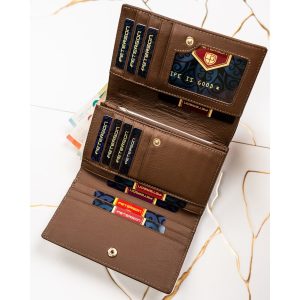 Duży portfel damski wykonany ze skóry naturalnej i ekologicznej w brązowym kolorze - Peterson