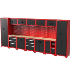 FEISTOS Wyposażenie warsztatu | Szafka narzędziowa Juno 12 | w tym tablica perforowana Czarny/Czerwony | 462x46x198 cm