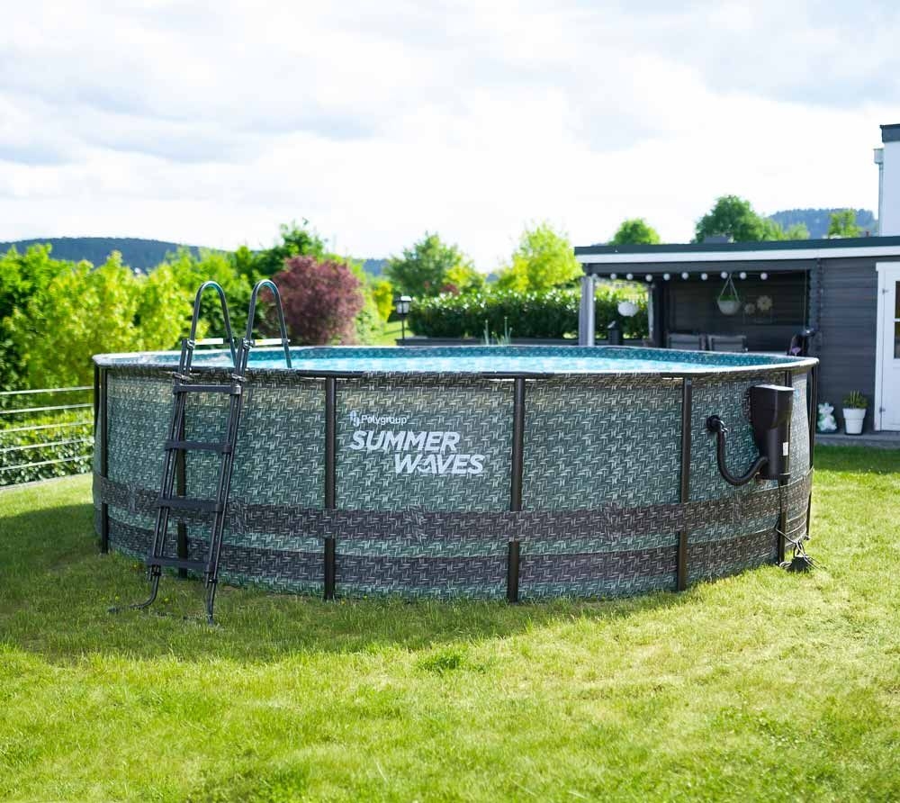 Summer Waves Elitarny basen z ramkami Okrągły basen naziemny Kompletny zestaw Rattan wygląda na szary 488x122 cm