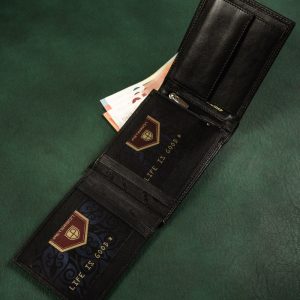 Skórzany portfel męski z zewnętrzną kieszonką na kartę - Peterson