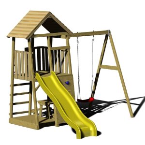Wendi Toys Drewniana wieża do zabawy z pelikanem Zawiera zjeżdżalnię, ściankę wspinaczkową, huśtawkę i siedzenia Natura 280x270x270cm
