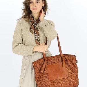 Oryginalna torebka pleciona damska skórzany shopper bag - MARCO MAZZINI brąz camel