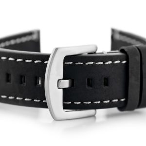 Pasek skórzany do zegarka W72 - czarny/biała 22mm