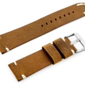 Pasek skórzany do zegarka W93 - brąz/biała - 22mm