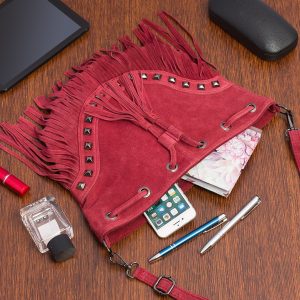 Bordowa Damska Torebka Worek Skóra Zamsz Frędzle Włoska X39