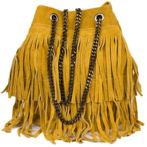 Damska Torebka Worek Skóra Zamsz Frędzle troczki łańcuch Włoska musztardowa M24