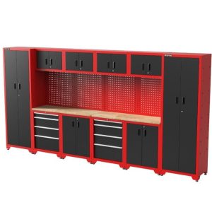 FEISTOS Wyposażenie warsztatu | Szafka narzędziowa Juno 11 | w tym tablica perforowana Czarny/Czerwony | 396x46x198 cm