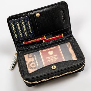Lakierowany portfel damski czarny na suwak z RFID - Peterson