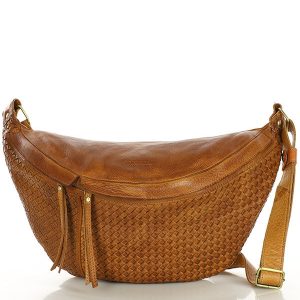 Duża torebka nerka półksiężyc skóra pleciona - MARCO MAZZINI brąz camel