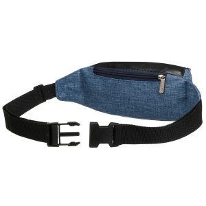 Niebieska saszetka zawieszona na regulowanym pasku, zapinana suwakiem