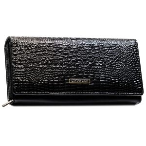Duży, czarny portfel damski ze skóry naturalnej i ekologicznej, pokryty wzorem imitującym skórę krokodyla - 4U Cavaldi