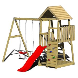 Wendi Toys Drewniana salamandra wieżowa do zabawy w tym zjeżdżalnia, ścianka wspinaczkowa i 2 huśtawki Natura 290x340x270cm