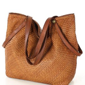 Duża torebka pleciona shopperka ze skóry - MARCO MAZZINI camelowa