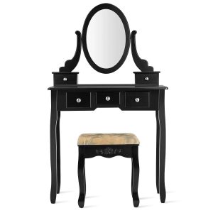 Drewniana toaletka z obrotowym lustrem i białym tapicerowanym stołkiem