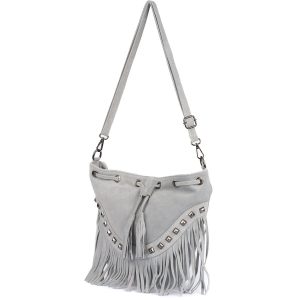 Jasno szara Damska Torebka Worek Skóra Zamsz Frędzle Włoska X39