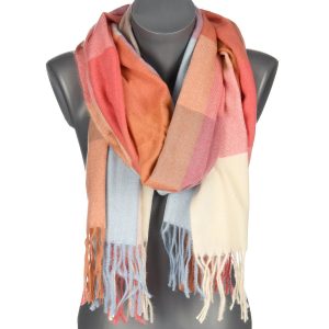 Pomarańczowy Duży Szalik Damski bawełniany ciepły szal w kratę frędzle AX-13