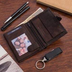 Portfel skórzany męski klasyczny pionowy z flagą brązowy RFiD Beltimore D29