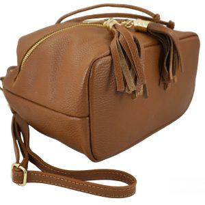 Torebka damska - worek z frędzlami - Brązowa jasna
