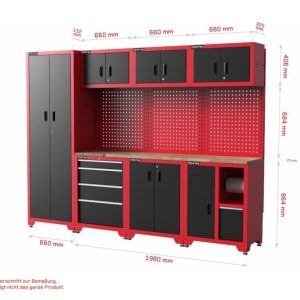 Wyposażenie warsztatu Szafka narzędziowa Juno 15 w tym tablica perforowana Czarny/Czerwony | 330x46x198 cm