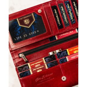 Duży portfel damski ze skóry naturalnej w czerwonym kolorze zamykany na zatrzask, wyposażony w system RFID - Peterson