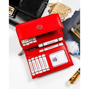 Czerwony, skórzany portfel damski na zatrzask z systemem RFID - Rovicky