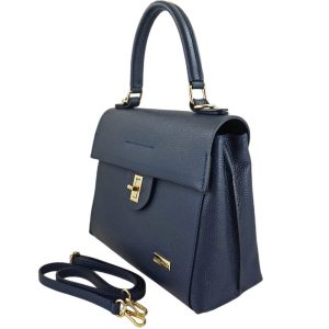 Skórzana torebka kuferek do ręki - Granatowa