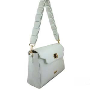 Skórzana torebka na ramię z plecionym paskiem - Biała