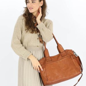 Torebka damska skórzana z kieszeniami na zewnątrz - MARCO MAZZINI brąz camel