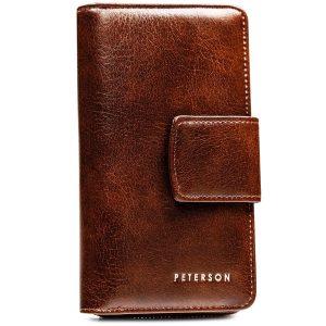 Portfel ze skóry ekologicznej w ciemnobrązowym kolorze, zamykany zatrzaskiem i suwakiem - Peterson