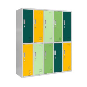 Szafka szkolna BHP szaro-wielokolorowa: 10-drzwiowa BARTUŚ, 1360 x 1500 x 450 mm