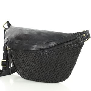 Duża torebka nerka półksiężyc skóra pleciona - MARCO MAZZINI czarna