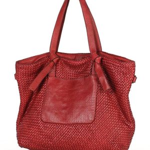 Oryginalna torebka pleciona damska skórzany shopper bag - MARCO MAZZINI bordowy czerwony