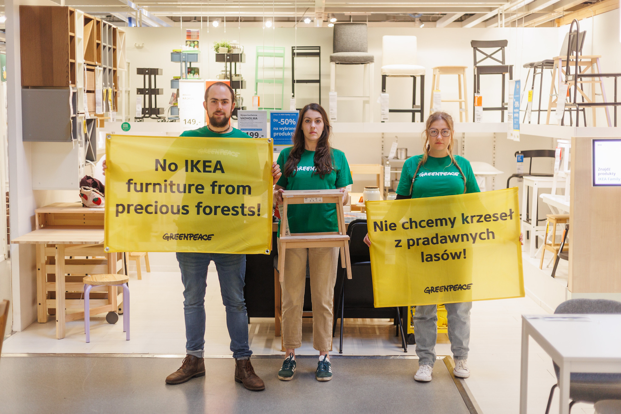 Aktywiści i aktywistki Greenpeace rozwiesili nad wejściem do sklepu IKEA w podwarszawskich Jankach olbrzymi transparent z hasłem „Nie chcemy mebli z takich drzew”