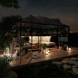 Oranżeria ogrodowa EcoGlass Gazebo Standard z fundamentem 12 m² szkło hartowane 4 mm, poliwęglan 6 mm, aluminium, czarna