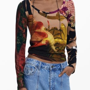 DAMSKI T-SHIRT Z DŁUGIM RĘKAWEM DESIGUAL, BRĄZOWY