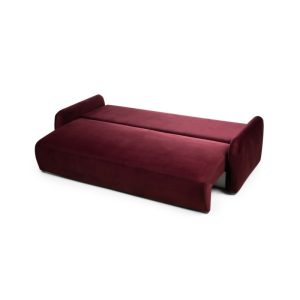 Sofa z funkcją spania i pojemnikiem Hoschi Slim obłe kształty, welurowa, burgundowa