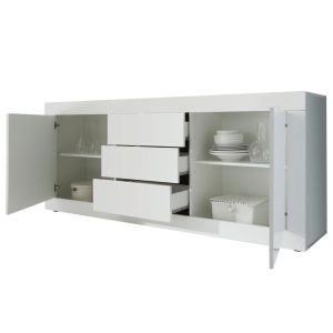 Komoda z szufladami i drzwiami biała wysoki połysk 210 cm Basic