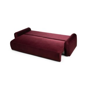 Sofa z funkcją spania i pojemnikiem Hoschi obłe kształty, welurowa, burgundowa