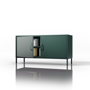 Szafka RTV metalowa na nóżkach butelkowa zieleń Modern ROSA, 1150 x 595 x 400 mm