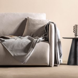 Sofa rozkładana Allen z pojemnikiem, jasnobeżowa, welur