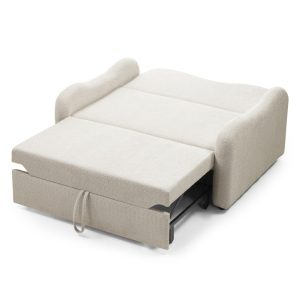 Sofa z funkcją spania Foldi, jasnobeżowa, boucle, obłe kształty