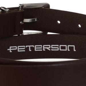 Ciemnobrązowy, wąski pasek damski ze skóry ekologicznej ze srebrną klamrą - Peterson