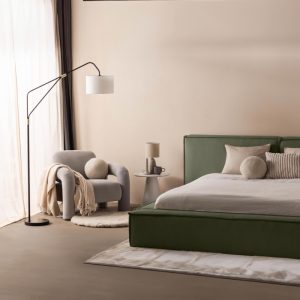 Łóżko tapicerowane Cosy 160x200 cm ze stelażem i pojemnikiem, oliwkowozielone, welurowe