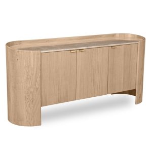 Komoda trzydrzwiowa Furlo, zaokrąglona, dąb naturalny, trawertyn, złote uchwyty